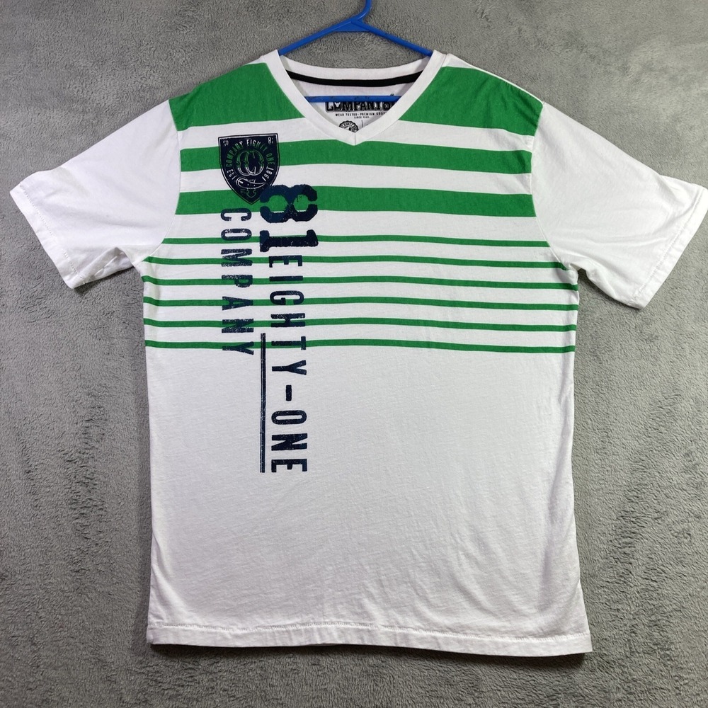 Company 81 Shirt Adult XXL White Green Striped V Neck Graphic Tee SS READ